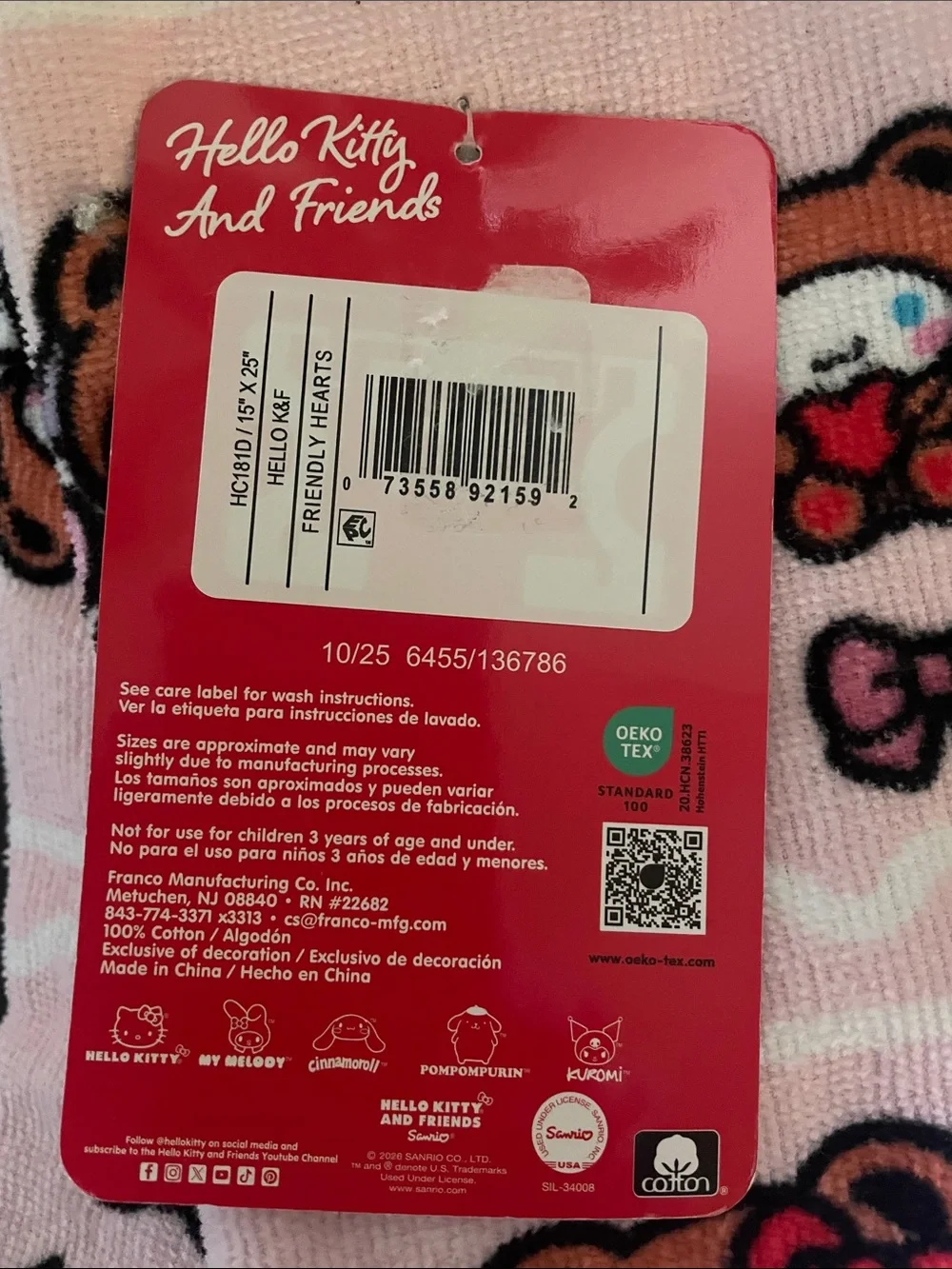 NWT Two Hello Kitty and Friends Pink and White Hand Towels With Hearts